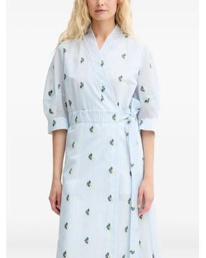 Munthe Pum Embroidered Midi Wrap Dress - Blue