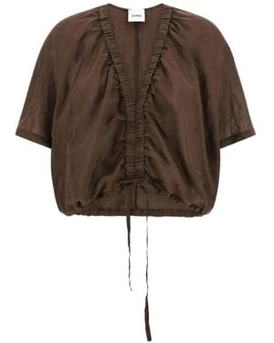 Nude V-Neck Drawstring Blouse - Brown