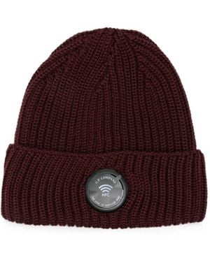 C.P. Company Logo-Patch Ribbed-Knit Beanie Hat - Red