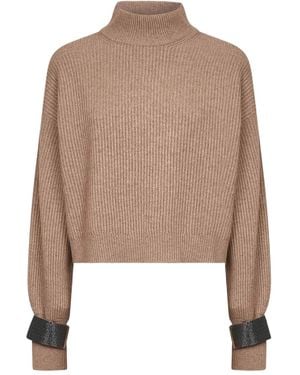 Brunello Cucinelli Stehkragen-Pullover mit verzierten Bündchen - Natur