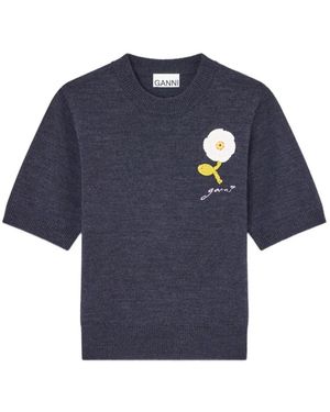 Ganni T-Shirt Manches Courtes À Motif Fleur - Blue