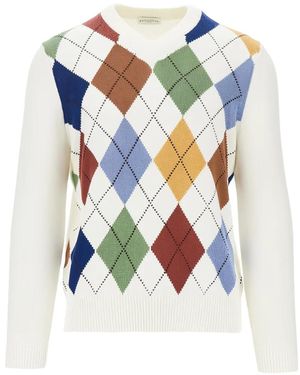 Ballantyne Argyle-Pattern V-Neck Jumper - White