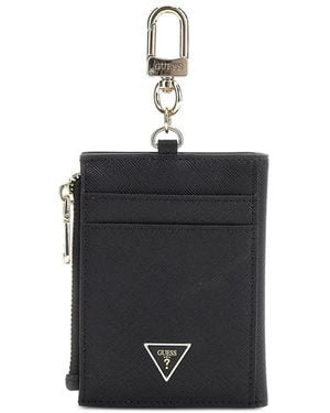 Guess Saffiano Logo-Plaque Zip-Fastening Card Holder - Black