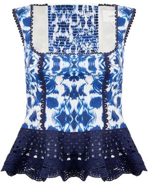 Clea Giselle Crochet-Trim Shirred Top - Blue