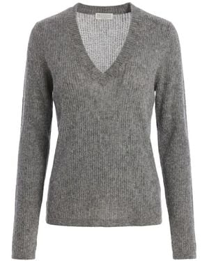 Brunello Cucinelli Ribbed-Knit V-Neck Jumper - Grey