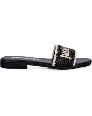 Just Cavalli Logo-Embroidered Raffia-Effect Flat Sandals - White