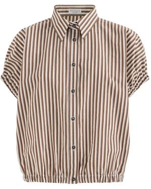 Brunello Cucinelli Chemise Rayée Ornée De Monili - Marron