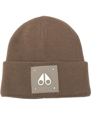 Moose Knuckles Logo-Patch Ribbed-Knit Beanie Hat - Brown