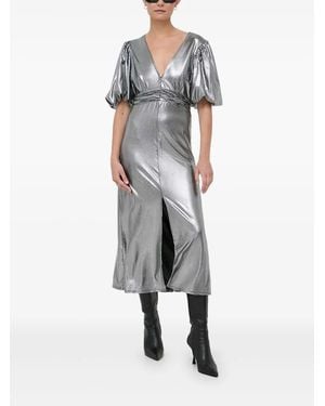 Notes Du Nord Puff-Sleeve Metallic Midi Dress - Grey