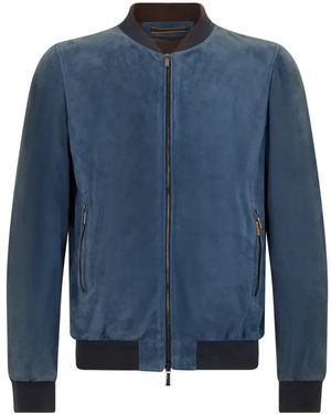 Moorer Zip Ribbed Leather Jacket - Blue