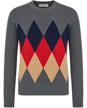 Ballantyne Argyle-Pattern Ribbed-Knit Sweater - Gray
