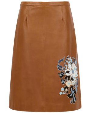 Marni Floral Intarsia Leather Skirt - Brown