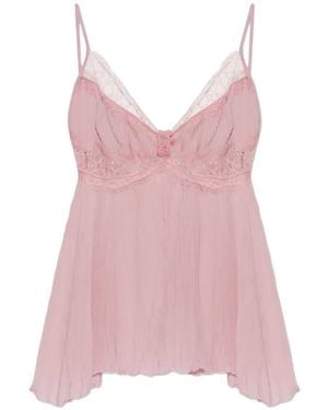 Blumarine Georgette Lace-Pannels V-Neck Top - Pink