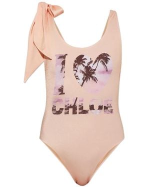 Chloé Tie-Strap One-Piece Logo Swimsuit - Pink
