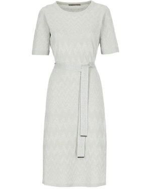 D.exterior Chevron-Pattern Belted Midi Dress - White