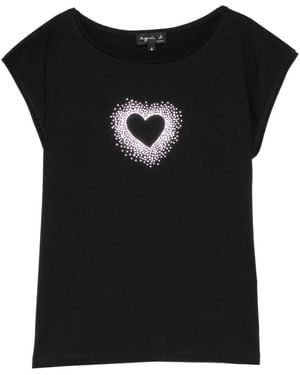 agnès b. Heart-Print Cap-Sleeve T-Shirt - Black