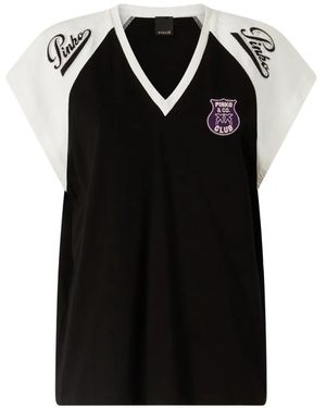 Pinko T-Shirt With V-Neck And Branded Patches - Black