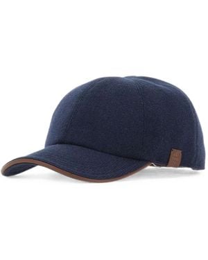Eleventy Leather-Trim Cashmere Baseball Cap - Blue