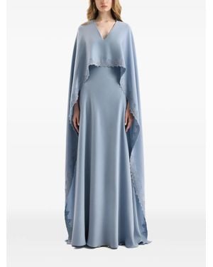 Gemy Maalouf Embroidered Cape V-Neck Maxi Dress - Blue