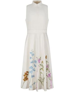 Shanghai Tang Floral-Embroidery Midi Dress - White