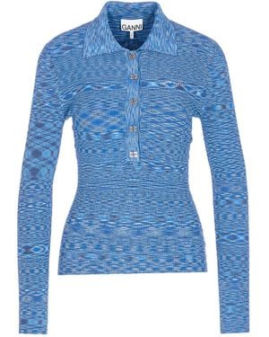 Ganni Spacedyed Logo-Button Polo Top - Blue