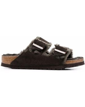 Birkenstock Arizona Shearling Lined Suede Two-Strap Sandals - Black