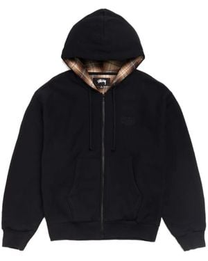 Stussy Plaid-Lined Logo-Embroidered Hoodie - Blue