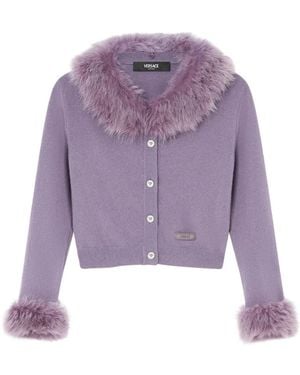 Versace Shearling-Trim Cropped Cardigan - Purple