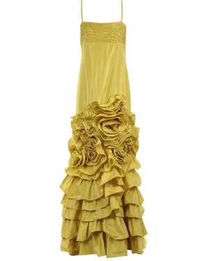 Valentino Garavani Pleated Rose-Embellished Midi Dress - Yellow
