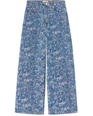 Ganni Floral-Print Wide-Leg Jeans - Blue