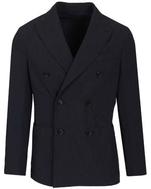 Caruso Butterfly Double-Breasted Seersucker Blazer - Blue