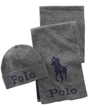 Polo Ralph Lauren Jacquard Knitted Scarf And Beanie Hat Set - Grey