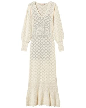 Twinset Long Knit Dress With Floral Pattern - White