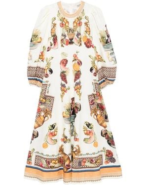 ALÉMAIS Mercado Fruit-Print Puff-Sleeve Midi Dress - White