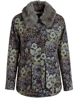 Veronica Beard Blake Floral-Jacquard Faux-Fur-Collar Jacket - Gray