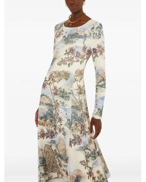 FARM Rio Landscape-Print Long-Sleeve Midi Dress - White