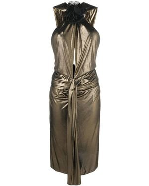 Saint Laurent Floral-Detail Laminated-Finish Dress - Green