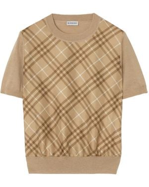 Burberry Check-Panel Wool-Silk T-Shirt - Natural