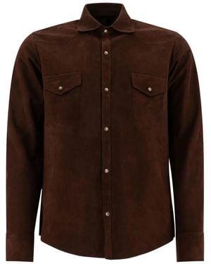 Tagliatore Suede Leather Flap-Pocket Shirt - Brown