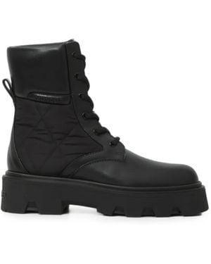 Moncler Leather Ankle Boots With Quilted Nylon Inserts And Lace-Up Closure - Black