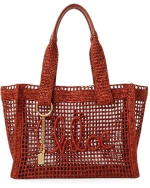 Chloé Logo-Patch Open-Knit Tote Bag - Red