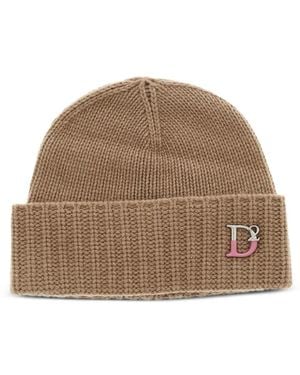 DSquared² Logo-Plaque Ribbed-Knit Beanie Hat - Brown