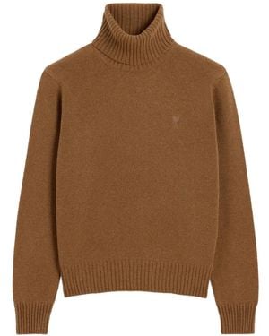 Ami Paris Roll-Neck Sweater With Ribbed Texture - Braun