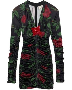Blumarine Rose-Print Ruched Mini Dress - Black