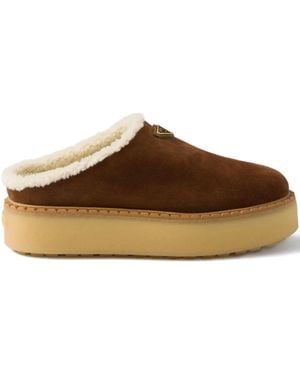 Prada Shearling-Lined Suede Mules - Brown