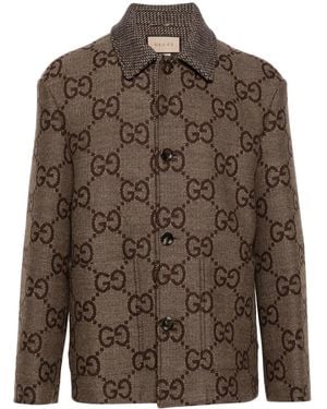 Gucci Monogram-pattern Wide-collar Wool Jacket - Brown