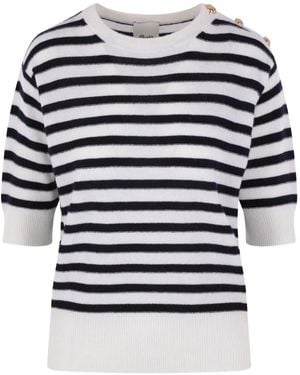 Allude Striped Button-Detail Short-Sleeve T-Shirt - Blue