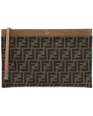 Fendi Ff-Monogram Leather-Trimmed Clutch Bag - Grey