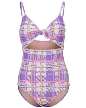 5pening Check-Pattern Cutout Swimsuit - Purple