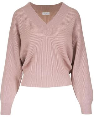 Brunello Cucinelli V-Neck Ribbed Jumper - Pink